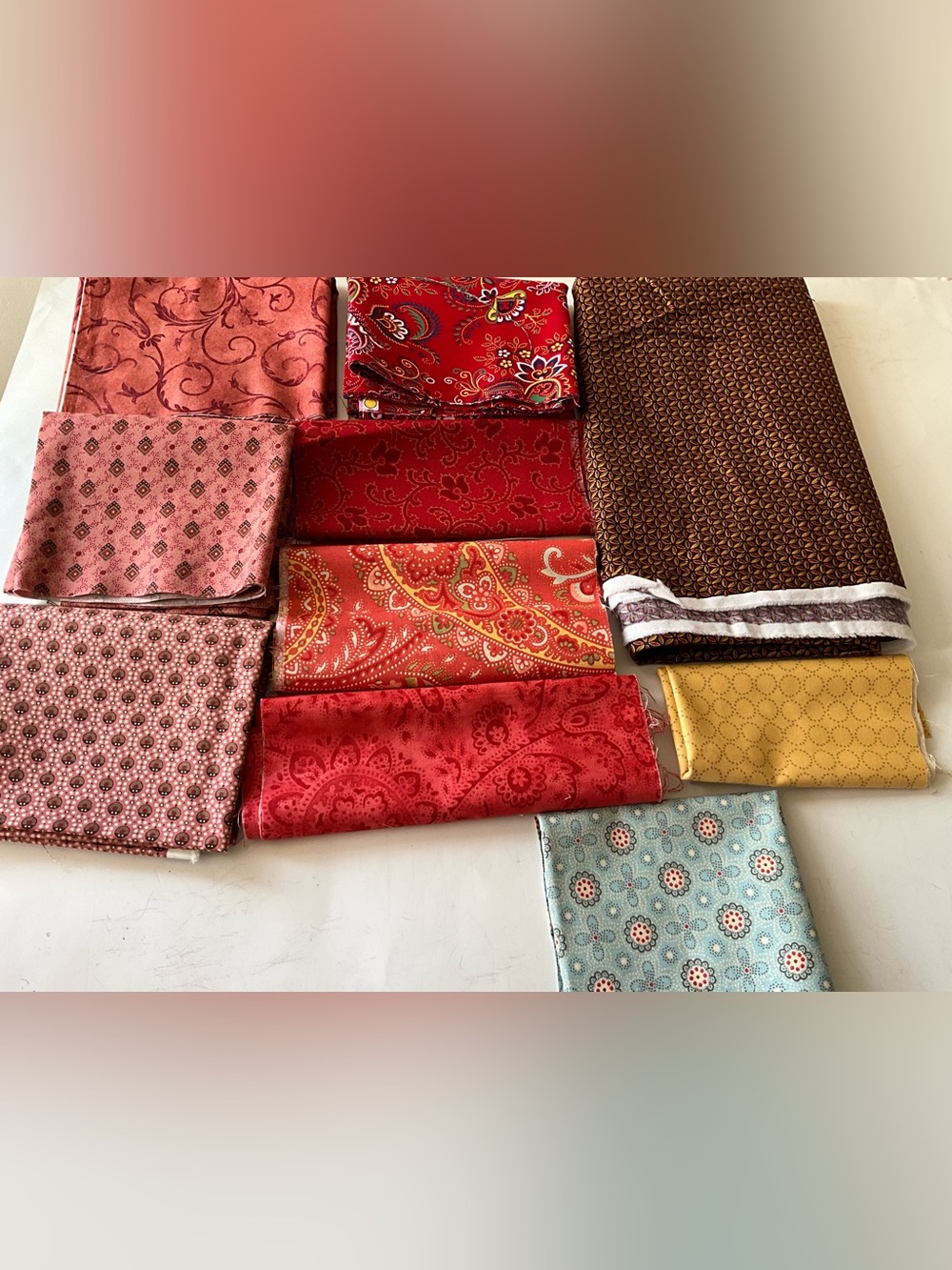 Quilting Sewing Fabrics Lot Remnants Floral Paisley Brown Red Blue Cotton